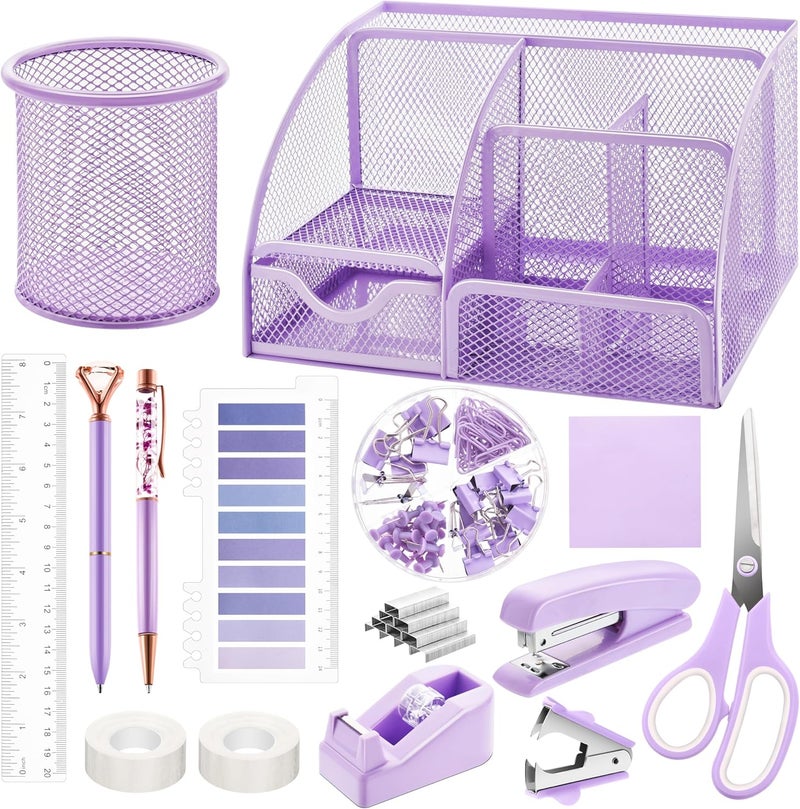 Fayoo 15 Pcs Purple Office Supplies Set Mesh Desk Organizer Accessories Kit Include Stapler Tape Dispenser Staple Remover Clips Ruler Scissors Sticky Notes for Office School Home Women (Purple) - Image 1